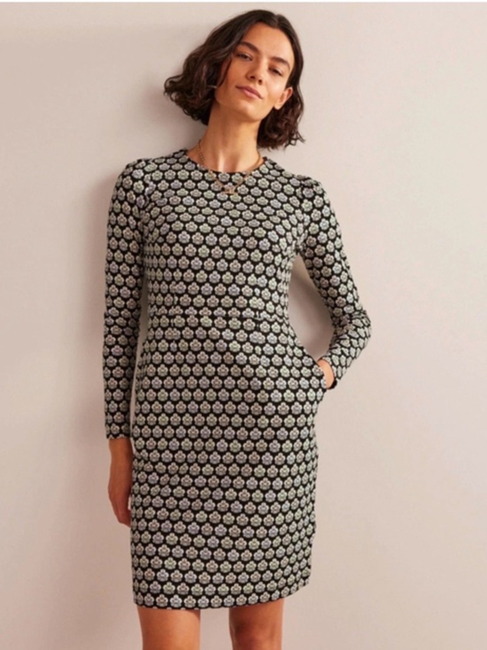 Boden Penelope Navy White Print Long Sleeve Sheath Dress | Cotton EUC 8R #2635